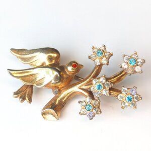 Vintage 60s Gold Tone Bird Brooch with Rhinestone Flower Blossoms on Branch